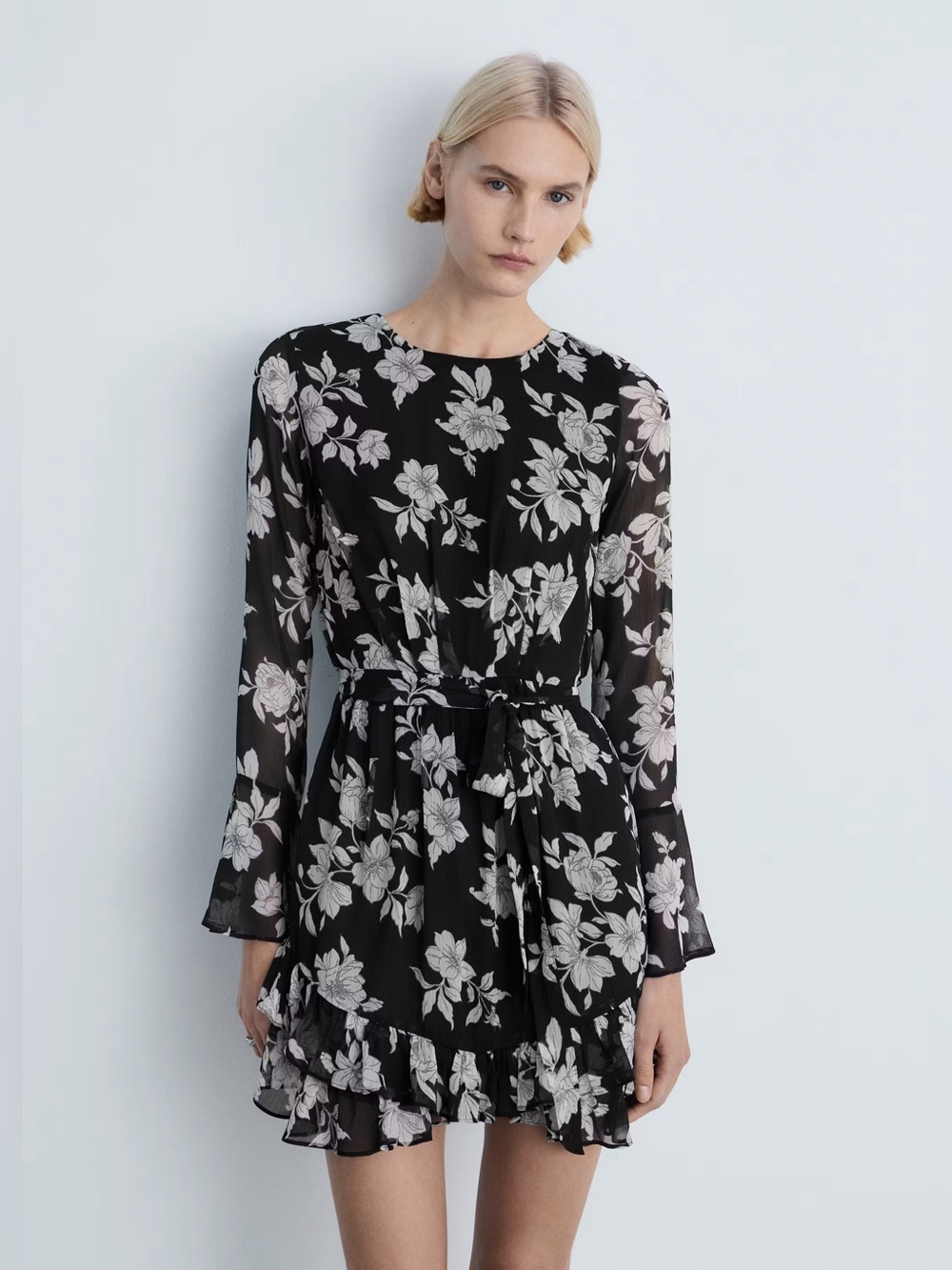 Mango Black Ruffled Floral print dress NWT